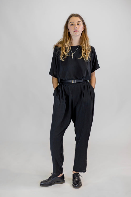 Image Title Silk Crepe De Chine Dining Trouser with V Waist Yoke and Pockets